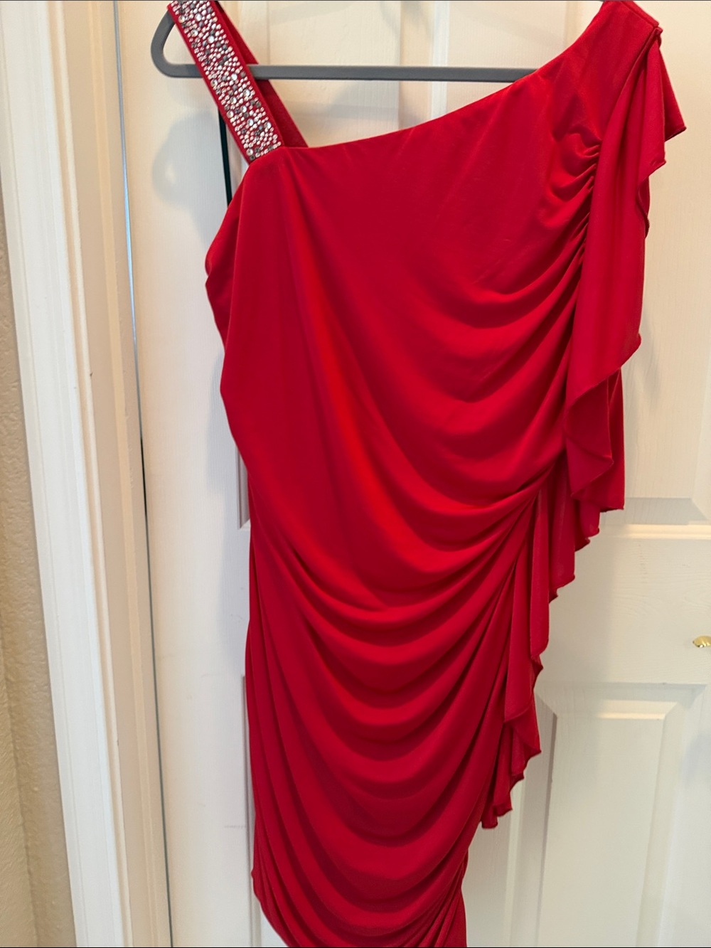 Red One-Shoulder Draped Cocktail Dress with Embellished Strap